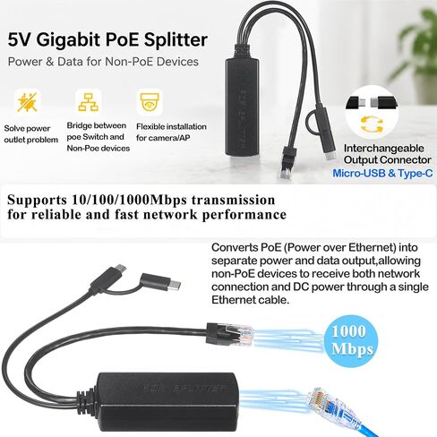 Gigabit PoE Splitter with Micro-USB and Type-C,5V/3A Max, Comply IEEE 802.3af/at, 10/100/1000Mbps, Plug and Play for IP Camera (PD3011G) in Kuwait
