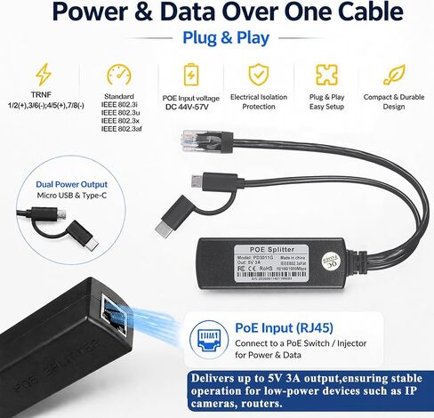 Gigabit PoE Splitter with Micro-USB and Type-C,5V/3A Max, Comply IEEE 802.3af/at, 10/100/1000Mbps, Plug and Play for IP Camera (PD3011G) in Kuwait