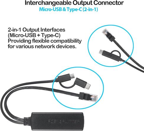 Gigabit PoE Splitter with Micro-USB and Type-C,5V/3A Max, Comply IEEE 802.3af/at, 10/100/1000Mbps, Plug and Play for IP Camera (PD3011G) in Kuwait
