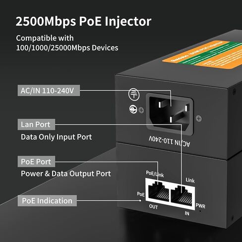 2.5Gb PoE Injector Adapter 90W, IEEE 802.3bt/at/af Compliant, Converts Non-PoE to PoE Network, 100/1000/2500Mbps RJ45, Up to 328 ft, Plug & Play in Kuwait