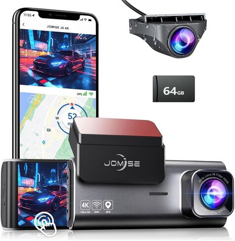 JOMISE 4K Dash Cam Front Rear with 64GB Card & Touch Screen, 4K+1080P Dual Dash Camera for Cars, Built-in GPS Wi-Fi, UHD 2160P Night Vision, WDR, 24H Parking Monitor (J6) in Kuwait