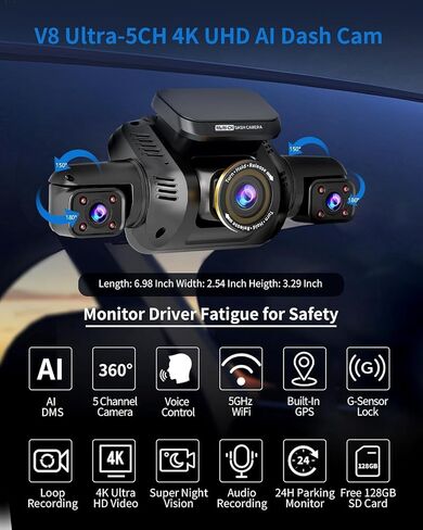 HUPEJOS 360° View 5 Channel Dash Cam Front and Rear, 4K Dash Camera for Car in Kuwait