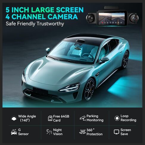 4 Channel 360° Dash Cam Front and Rear, 5'' IPS Large Screen, 4K+1080P*3 in Saudi Arabia