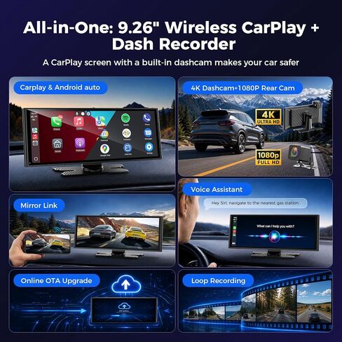 9.26" Wireless CarPlay Screen with 4K+1080P Dual Dash Cam Front and Rear in Kuwait