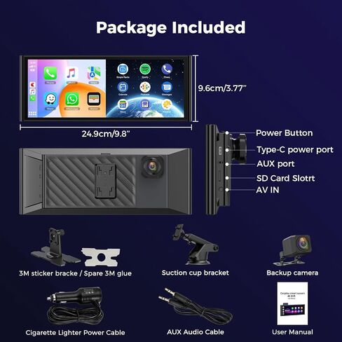 9.26" Wireless CarPlay Screen with 4K+1080P Dual Dash Cam Front and Rear in Kuwait