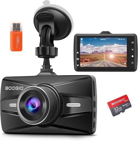 Dash Cam Front with 32G SD Card, BOOGIIO 1080P FHD Car Driving Recorder 3'' IPS Screen 170°Wide Angle Dashboard Camera Aluminum Alloy Case, WDR G-Sensor Parking Monitor Loop Recording Motion Detection in Kuwait