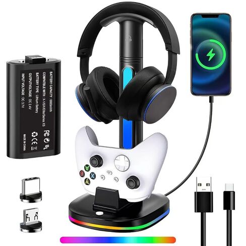Xbox Headphone Stand with Controller Charger, RGB Xbox Controller Charging Station Headset Stand for Xbox Series X/S/One/One X/One S Charging, Equipped with 1 * 5180mWh Rechargeable Xbox Battery Pack in Saudi Arabia