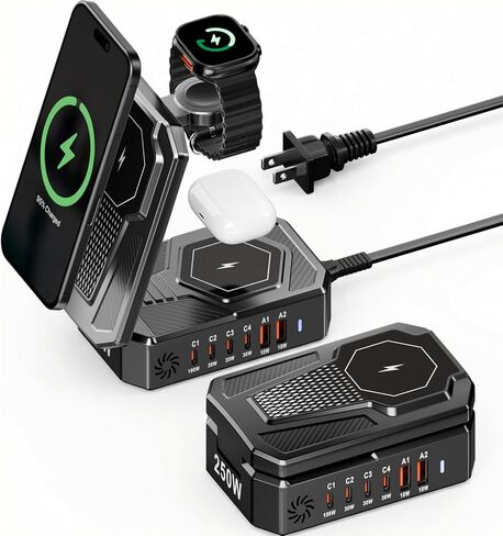 9-in-1 Magnetic Charging Station Foldable - 250W Hub with 100W USB-C for Laptops, 3-in-1 Wireless Dock for Phones/Watches/Earbuds in Kuwait