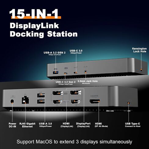 MacBook Docking Station 3 Monitors, Displaylink Laptop Docking Stations with 130W Power Supply,15 in 1 USB C Triple 4K Display Dock for MacBook Pro/Air and USB-C/A Port Computer (3 HDMI, 2 DP) in Kuwait