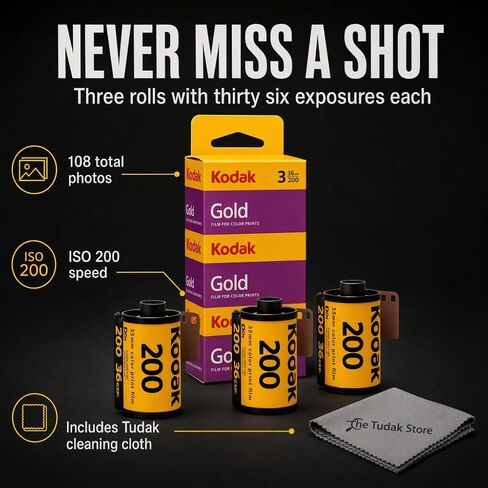 Kodak Gold 200 35mm Film Bundle, 3 Rolls, 36 Exposures Each, for 35mm Film Camera Includes Tudak Premium Microfiber Cloth in Kuwait