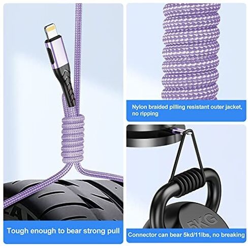 Durcord iPhone Charger, [Apple MFi Certified] 3Pack 6FT USB A Cable for Lightning Charger Cord, Fast iPhone Charging Cord for iPhone Xs Max/XS/XR/X/8/7/6S/6/Plus/SE/iPad(Light Purple) in Kuwait