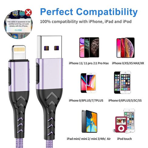Durcord iPhone Charger, [Apple MFi Certified] 3Pack 6FT USB A Cable for Lightning Charger Cord, Fast iPhone Charging Cord for iPhone Xs Max/XS/XR/X/8/7/6S/6/Plus/SE/iPad(Light Purple) in Kuwait