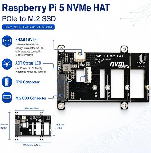 iUniker Raspberry Pi 5 NVMe HAT, PCIe to M.2 SSD Adapter (Black) in Kuwait
