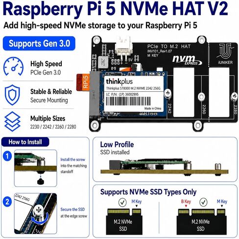 iUniker Raspberry Pi 5 NVMe HAT, PCIe to M.2 SSD Adapter (Black) in Kuwait