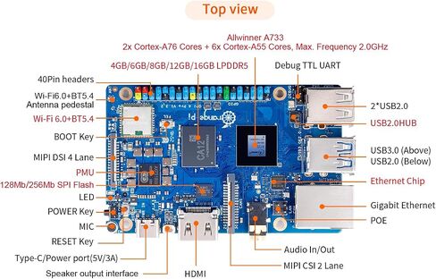 Orange Pi 4 Pro 4GB/6GB/8GB/12GB LPDDR5 Allwinner A733 3 Tops NPU 8-Core Single Board Computer with eMMC Socket, WiFi 6/Bluetooth 5.4, Development Board Run Ubuntu/Debian/Android (4GB) in Kuwait