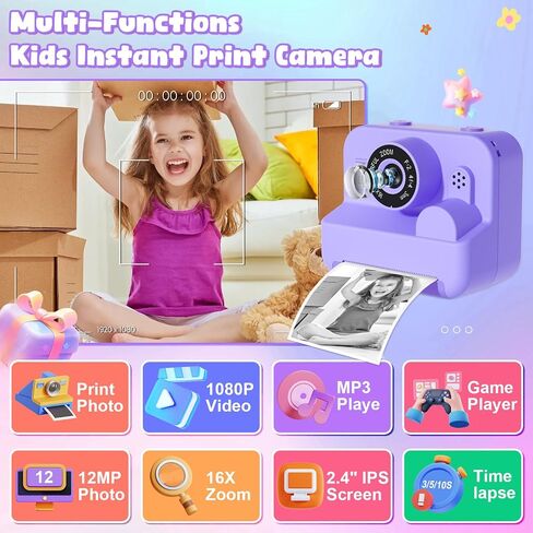 GKTZ Kids Instant Print Camera - Dual 1080P HD Video, Birthday & for Boys & Girls, 3 Print Paper, Portable Toy for Kids 3-12 in Kuwait