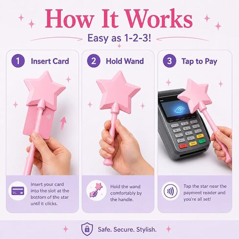 Credit Card Wand Tap to Pay, Magical Star Payment Wand with Snug Card Holder, Contactless Fairy Wand for Drive Thru, Self Checkout & Fun Gifts (Pink) in Saudi Arabia