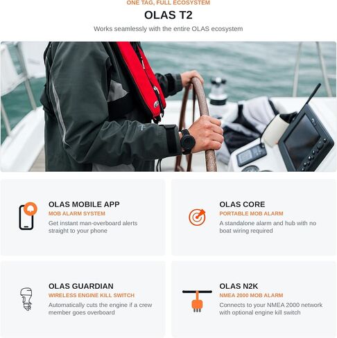 OLAS T2 Rechargeable Crew Tracker | Bluetooth man Overboard Alarm | Waterproof Wearable Safety Device | Long Battery Life | Marine Safety System Advanced in Kuwait