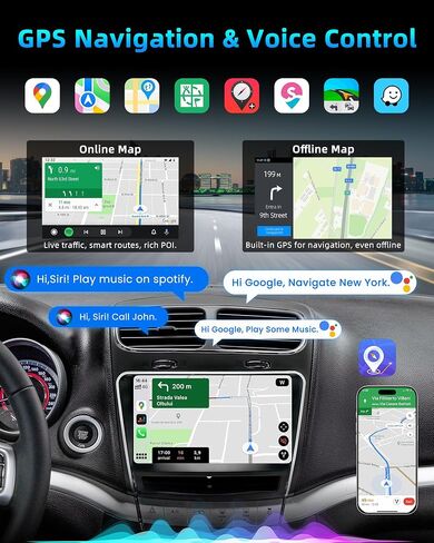 [4Core 64G ROM] Car Radio for Dodge Journey 2011-2019: 9" 1280x800 HD Touchscreen Stereo with Wireless Carplay Android Auto GPS Navigation Bluetooth 5G WiFi FM RDS DSP EQ SWC, Free Backup Camera in Kuwait