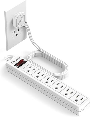 TiFFCOFiO Flat Plug Power Strip, 5 FT Flat Extension Cord, 6 Outlets with 600J Surge Protection, Wall Mountable for Home and Office in Kuwait