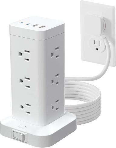 Tower Power Strip with PD 30W Fast-Charging Port, 12 Outlets, 4 USB Ports (2 USB-C), 1800J Surge Protector, Charging Station for Multiple Devices,10FT Extension Cord, Black, Home Office Essentials in Kuwait