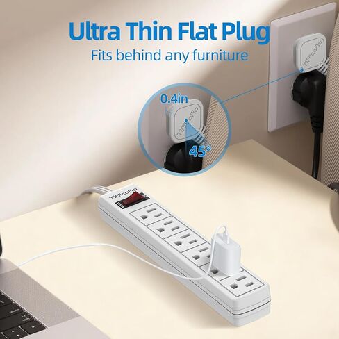 TiFFCOFiO Flat Plug Power Strip, 5 FT Flat Extension Cord, 6 Outlets with 600J Surge Protection, Wall Mountable for Home and Office in Kuwait
