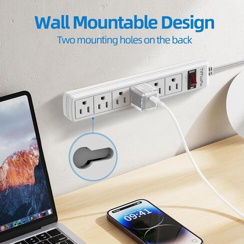 TiFFCOFiO Flat Plug Power Strip, 5 FT Flat Extension Cord, 6 Outlets with 600J Surge Protection, Wall Mountable for Home and Office in Kuwait