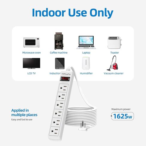 TiFFCOFiO Flat Plug Power Strip, 5 FT Flat Extension Cord, 6 Outlets with 600J Surge Protection, Wall Mountable for Home and Office in Kuwait