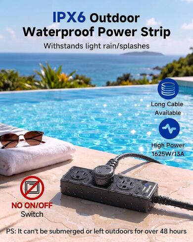 IPX6 3FT Outdoor Power Strip Weatherproof, 3 Wide Multi Outlets, 1625W/13A High-Power for Multiple Uses, Built in 16AWG Indoor Extension Cord, Mountable Power Strip Suitable for Home Patio&Party Use in Kuwait