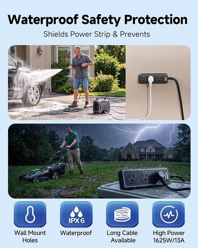 IPX6 3FT Outdoor Power Strip Weatherproof, 3 Wide Multi Outlets, 1625W/13A High-Power for Multiple Uses, Built in 16AWG Indoor Extension Cord, Mountable Power Strip Suitable for Home Patio&Party Use in Kuwait