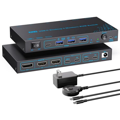 2 Laptops 3 Monitors KVM Switch 2 Port MST Dual USB-C Docking KVM Switches Triple Monitor Support Max 10Gbps USB Transfer Dual 4K@60Hz & One 1080P@60Hz Video Output, 100W PD Charging in Saudi Arabia