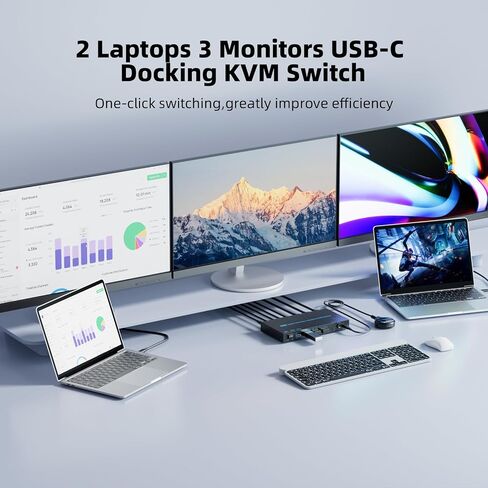 2 Laptops 3 Monitors KVM Switch 2 Port MST Dual USB-C Docking KVM Switches Triple Monitor Support Max 10Gbps USB Transfer Dual 4K@60Hz & One 1080P@60Hz Video Output, 100W PD Charging in Saudi Arabia