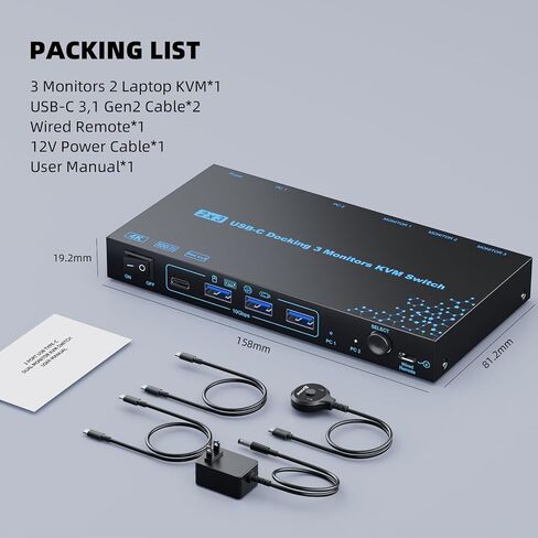 2 Laptops 3 Monitors KVM Switch 2 Port MST Dual USB-C Docking KVM Switches Triple Monitor Support Max 10Gbps USB Transfer Dual 4K@60Hz & One 1080P@60Hz Video Output, 100W PD Charging in Saudi Arabia
