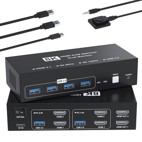 8K@60Hz HDMI Displayport KVM Switch 2 Monitors 2 Computers, 4K@120Hz USB3.0 Dual Monitor HDMI KVM Switches Display Port for 2 Computers Share 2 Screens and 4 USB Devices for Keybord Mouse Printer in Kuwait