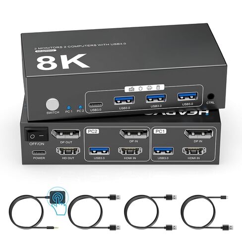 KVM Switch 2 شاشات 2 كمبيوتر، HDMI + DisplayPort، 8K@60 هرتز in Kuwait