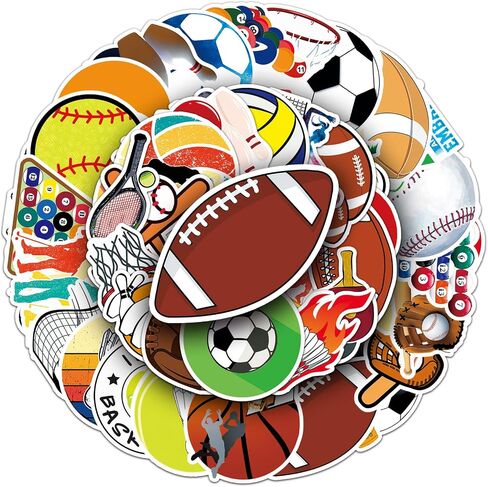 50PCS Sports Ball Stickers - Waterproof Vinyl Sports Themed Stickers for Water Bottles, Laptops, Skateboards, Hydro Flasks, Coolers, Phone Cases - Perfect for Teens, Boys, Sports Fans in Kuwait