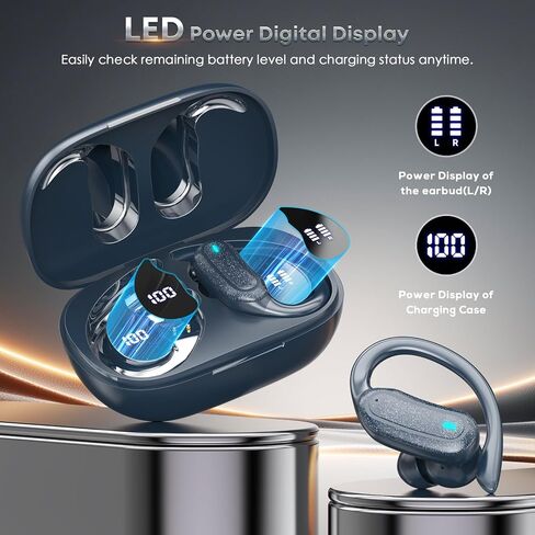 TRAUSI Wireless Earbuds Bluetooth Headphones, 54H Playtime Stereo Over Ear Buds with ENC Noise Cancelling, LED Power Display, IPX7 Waterproof Sport Earphones wih Earhooks for Running/Workouts Blue in Kuwait