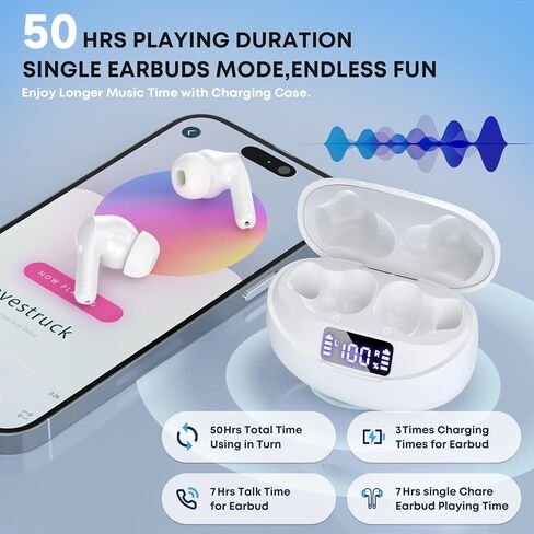 Wireless Earbuds, Bluetooth 5.4 Headphones HIFI Stereo/Crystal clear, White in Kuwait