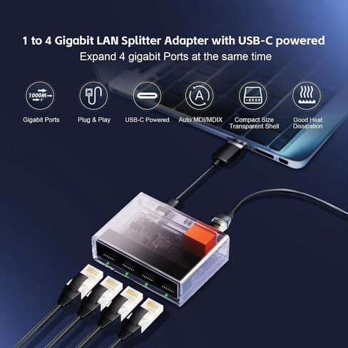 Gigabit Ethernet Splitter 1 to 4 Port, 1000Mbps High-Speed LAN Adapter with USB Cable, Mini Plastic YuLinca Network Hub, Plug & Play for Router, Modem, PC, IP Camera, Printer, Smart TV in Kuwait