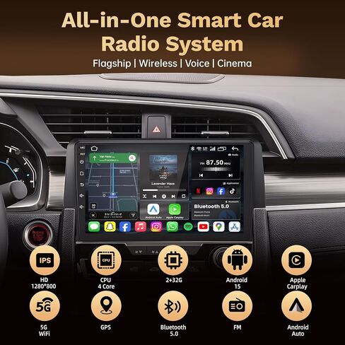Android 15 Car Radio for Honda Civic 2016-2021: 9" 1280 * 800 HD Touchscreen Stereo with Wireless Carplay Android Auto 5G WiFi GPS Bluetooth FM DSP SWC 1080P Backup Camera in Kuwait