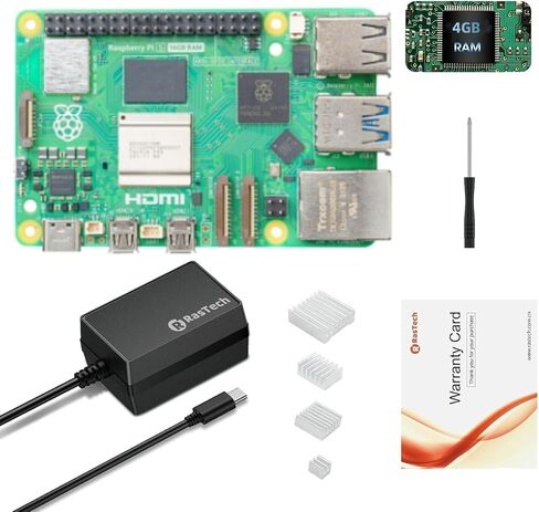 RasTech Raspberry Pi 5 Kit 4GB RAM with 27W PD Power Supply 5.1V5A, Aluminum Heatsinks and Raspberry Pi5 4GB Board Included in Kuwait