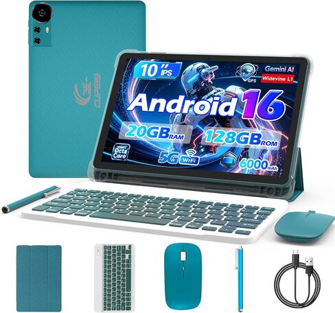 CUPEISI Android 16 Tablet 10 Inch, 20GB RAM+128GB ROM/ 2TB Expandable, 2.0GHz Octa-core Processor, 1280*800 HD Screen, 5G WiFi6 BT 5.0, 2 in 1 Tablets with Keyboard Case Mouse Stylus, Widevine L1 Blue in Kuwait