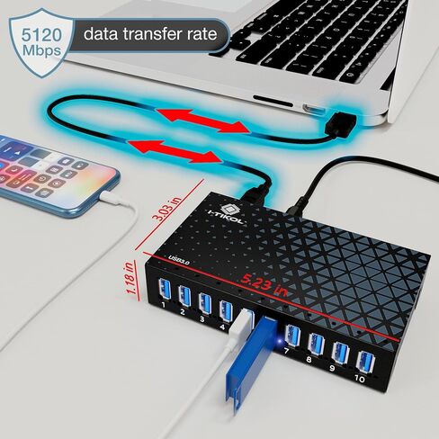 10 Ports USB Hub 3.0 Powered Aluminium - USB Hub Charger - Multiple Port - USB Splitter Hub with Power Adapter 12V/5A/60W - for Laptop, PC,Flash Drives, HDD,Hard Drive,Mouse,XPS,Xbox,Keyboard in Kuwait