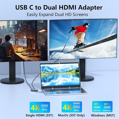 USB C to Dual HDMI Adapter for Dell/HP/MacBook, HDMI Splitter Extended Display, Double hdmi for 2 Monitors, Dual Monitor Adapter, HDTV Splitter for Dual Monitors, Docking Station Dual Monitor in Kuwait