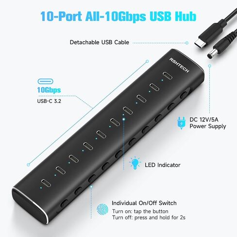 RSHTECH 10 Ports Powered USB C 3.2 Hub 10Gbps, RSH-H10C in Kuwait