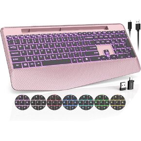 Wireless Keyboard, 7 Colored Backlits, Wrist Rest, Phone Holder-Large Print in Kuwait