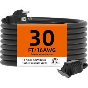TiFFCOFiO Indoor Outdoor Extension Cord Waterproof, 30 Feet 3 Prong Power Cord for Home and Garden, 16 AWG, 13A/1625W, ETL Listed (30 FT) in Kuwait