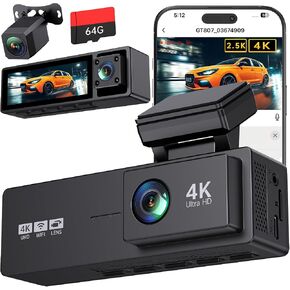 4K+2.5K+1080P 3 Channel Dash Cam Front, Rear, Inside, 64GB SD Card Included in Kuwait