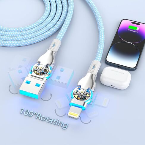 90 degree iPhone Charger Cable 6Ft, 180° Swivel Lightning Cord, Long USB to Lightning Cable for Mobile Gamers,TikTok, Sofa & Car Fast Charging,Tangle-Free, Durable Nylon for iPhone 14/13/12/11/SE in Kuwait