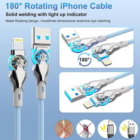 90 degree iPhone Charger Cable 6Ft, 180° Swivel Lightning Cord, Long USB to Lightning Cable for Mobile Gamers,TikTok, Sofa & Car Fast Charging,Tangle-Free, Durable Nylon for iPhone 14/13/12/11/SE in Kuwait